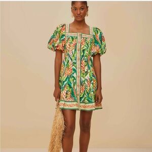 FARM Rio Heli Leaves off white Tropical Green Mini Dress M